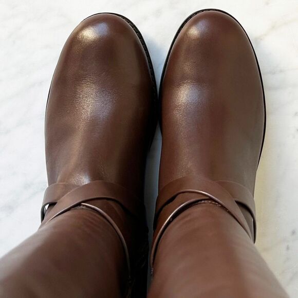 Cole Haan Knee High Riding Boots Brown Leather & Fabric Panel - Women's 7.5B - Picture 3 of 9